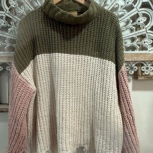 POL Colorblock Cowl Neck Sweater in Olive, Cream & Blush